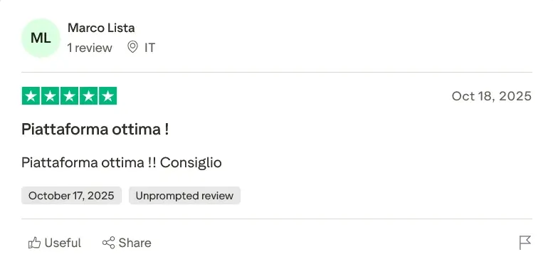 Recensione Trustpilot di Marco Lista: piattaforma ottima, consigliata - valutazione cinque stelle.