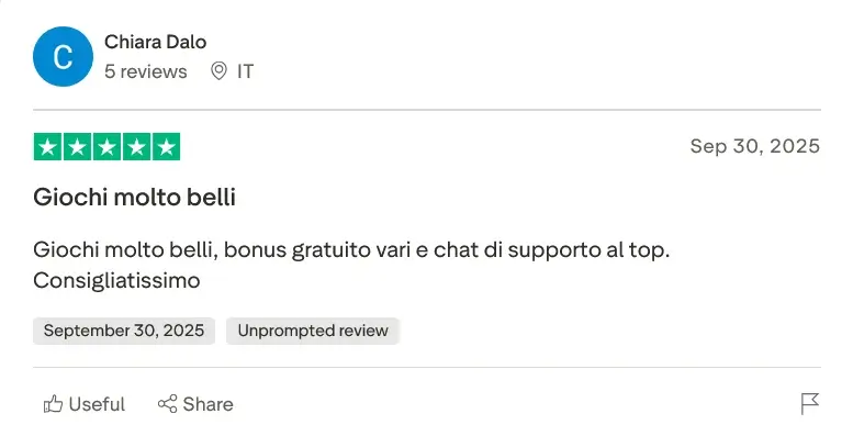 Recensione Trustpilot di Chiara Dalo: giochi molto belli, bonus gratuiti e supporto al top - cinque stelle.
