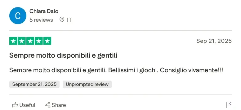 Recensione Trustpilot di Chiara Dalo: sempre molto disponibili e gentili, giochi bellissimi - valutazione cinque stelle.