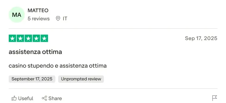 Recensione Trustpilot di Matteo: casino stupendo e assistenza ottima - cinque stelle.